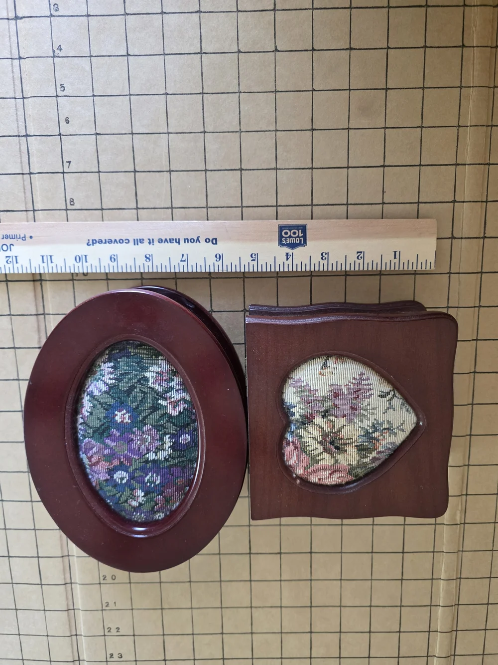 Vintage Floral Embroidered Wooden Jewelry 2 Box Set  Velvet Lined Needlepoint